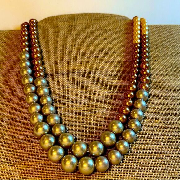 Gold Silver cream neutral double strand pearl Beaded Necklace adjustable - Picture 1 of 8